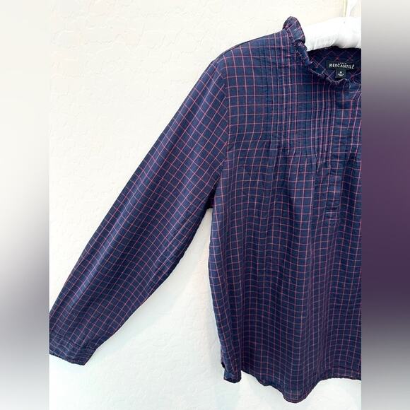 J.CREW MERCANTILE Navy & Red Plaid Blouse Ruffle Collar Long Sleeve | Size 6 - Picture 3 of 7